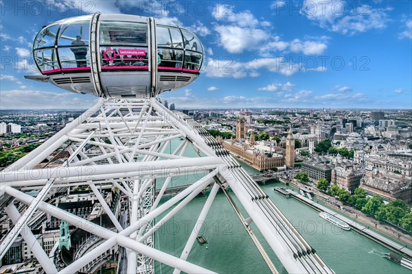 Gondola from the London Eye Ferris Wheel over the Thames with the Houses of Parliament