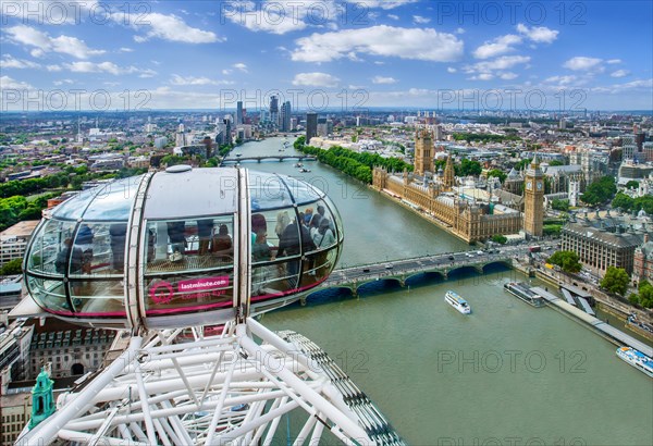 Gondola from the London Eye Ferris Wheel over the Thames with the Houses of Parliament