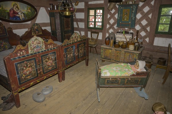 Bedroom in the museum village with Egerland half-timbered houses