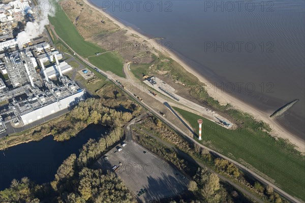 Aerial view of the construction site of the floating LNG Terminal Stade