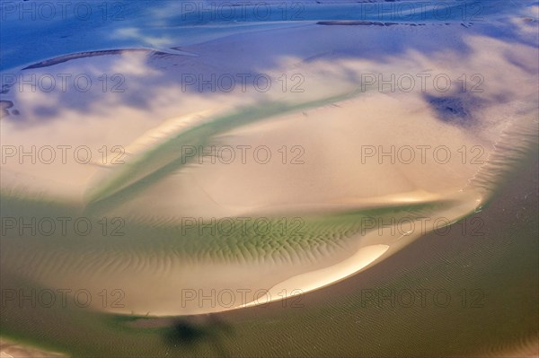 Aerial view of tideways and sandbanks in the North Sea in summer