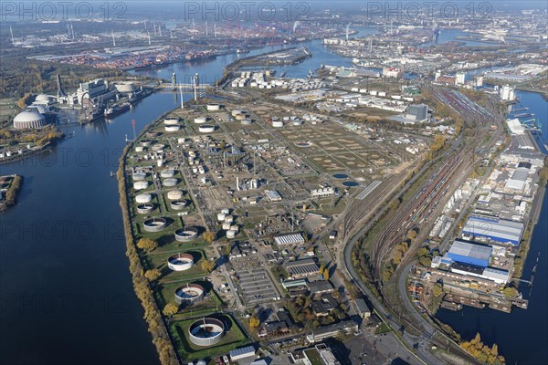 Aerial view of the new motorway construction of the A26 Hafenpassage through the former Shell refinery site