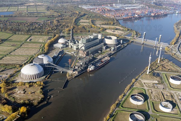 Aerial view of Moorburg power station behind the Container Terminal Altenwerder