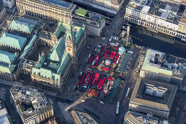 Aerial view of Hamburg City Hall with Christmas Market