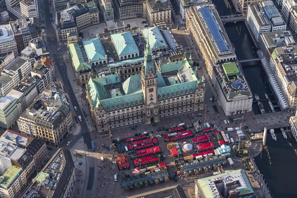 Aerial view of Hamburg City Hall with Christmas Market