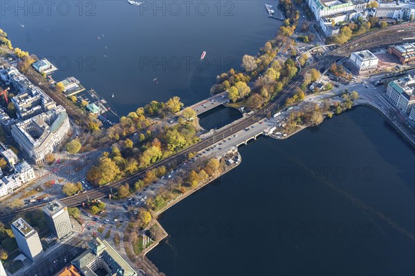 Aerial view of the Alster bridges in autumn