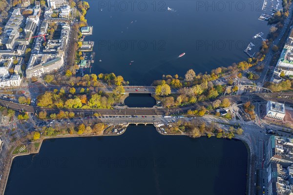 Aerial view of the Alster bridges in autumn