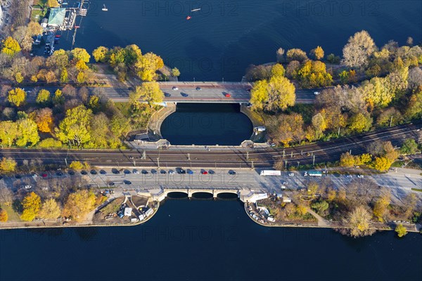 Aerial view of the Alster bridges in autumn