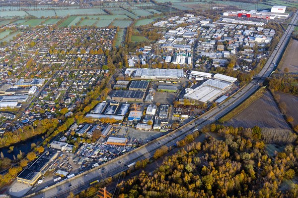 Aerial view of the Barsbuettel industrial estate on the A1 motorway