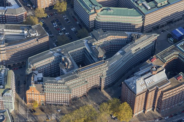 Aerial view of the Chilehaus in the Kontorhausviertel