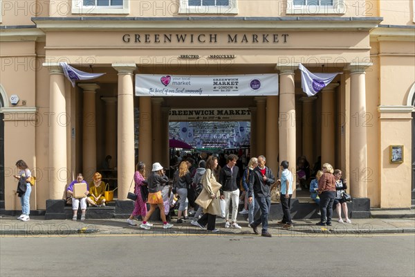 People coming out of entrance to Greenwich Market