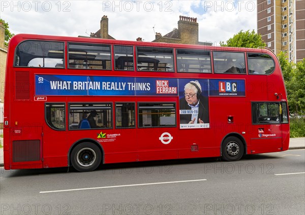 Advertising for LBC Radio Nick Ferrari show on red double decker bus