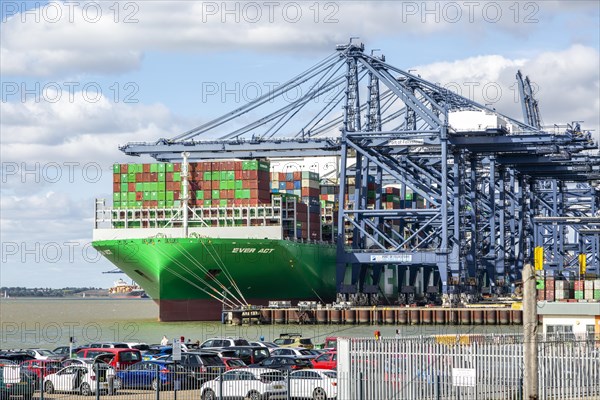 Evergreen Ever Act container ship gantry cranes on quayside