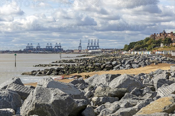 Rock armour beach groynes along coastline at Felixstowe