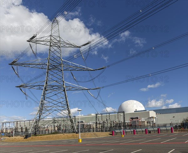 Pylon carrying electricty lines from PWR Pressurised Water Reactor nuclear power station