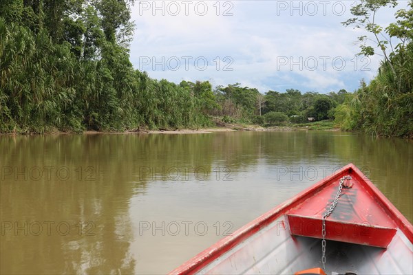 View of the Amazon rainforest and Jordao River from a boat of the indigenous Huni Kuin people