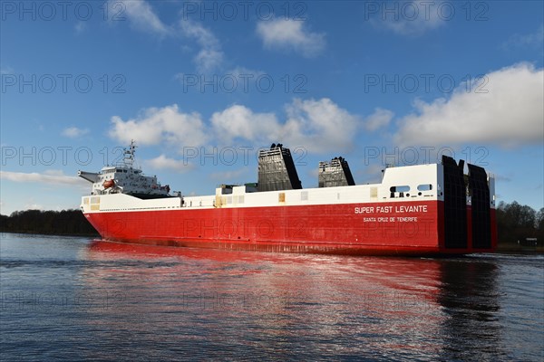 RoRo cargo ship Super Fast Levante sails through the Kiel Canal