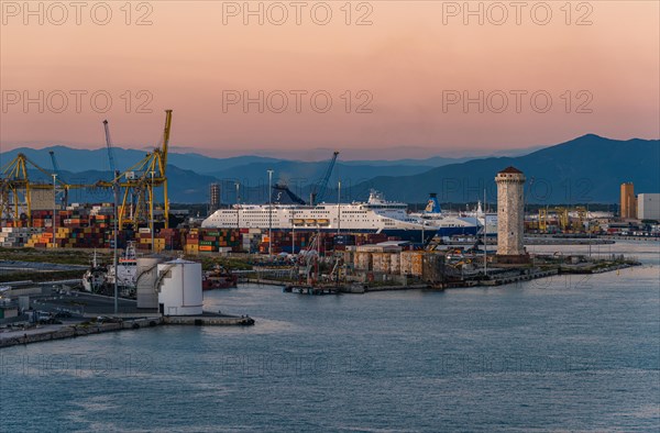 Grimaldi Lines Cruise Ship at sunset in Port of Livorno