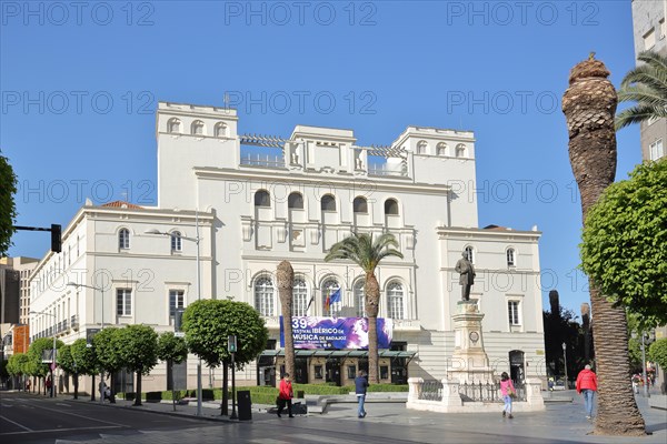 Theatre Teatro Lopez de Ayala at Plaza Minayo with monument to lawyer and politician Don Jose Moreno Nieto in Badajoz