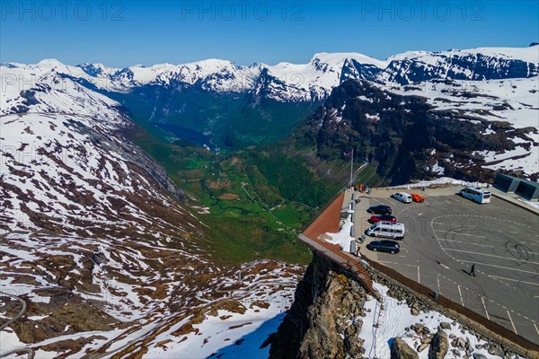 Drone view with parking at Dalsniba viewpoint over Geiranger