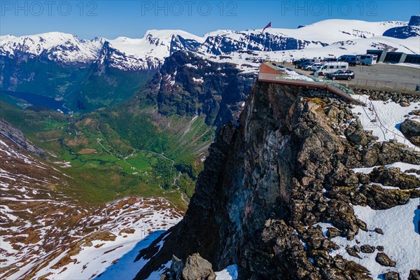 Drone view with parking at Dalsniba viewpoint over Geiranger