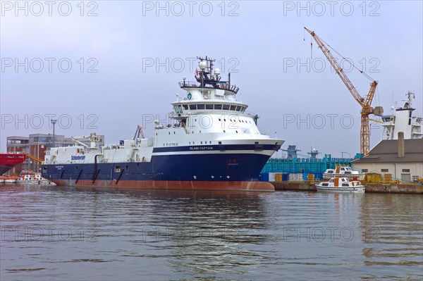 Supply ship Island Captain at the pier of the Lloyd Werft shipyard in Bremerhaven