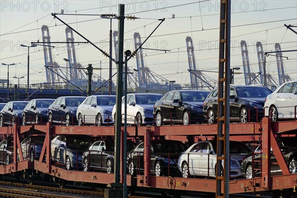 Cars destined for export on a railway train in Bremerhaven