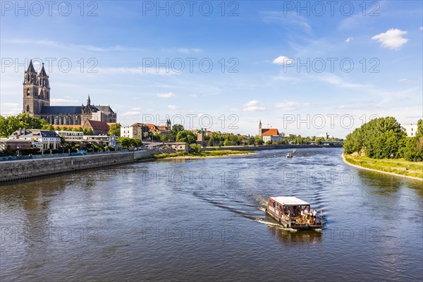 Magdeburg Cathedral and excursion boat on the Elbe