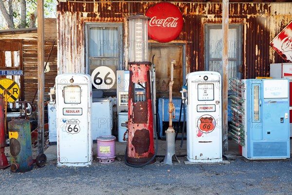 Antique gas station at Hackberry General Store on historic Route 66. Kingman