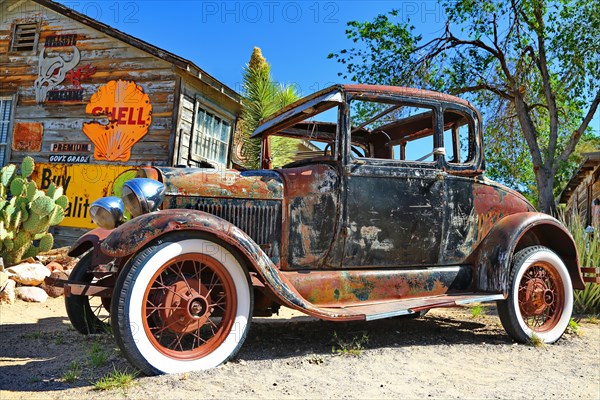 Vintage cars at the Hackberry General Store on historic Route 66. Kingman