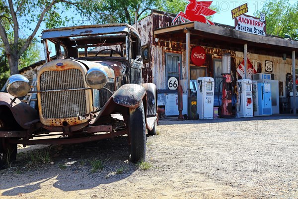 Vintage cars at the Hackberry General Store on historic Route 66. Kingman