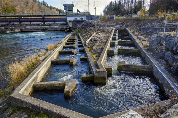 The Iller barrage 5 Fluhmuehle with fish ladder near Altusried