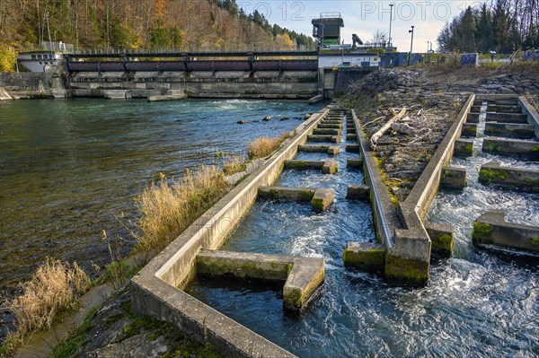 The Iller barrage 5 Fluhmuehle with fish ladder near Altusried