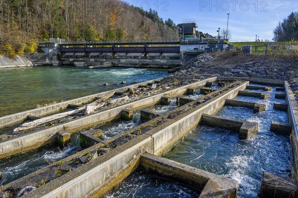 The Iller barrage 5 Fluhmuehle with fish ladder near Altusried