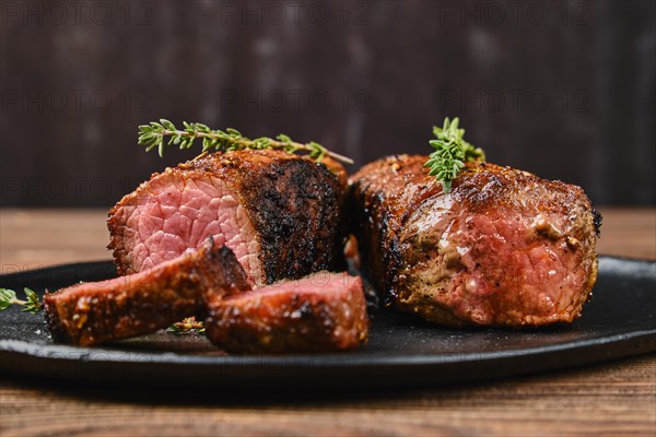 Closeup view of roasted beef brisket flat steak