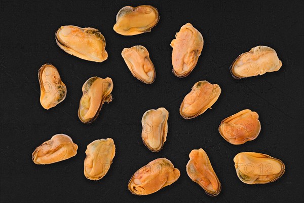 Boiled and peeled mussels isolated on black background