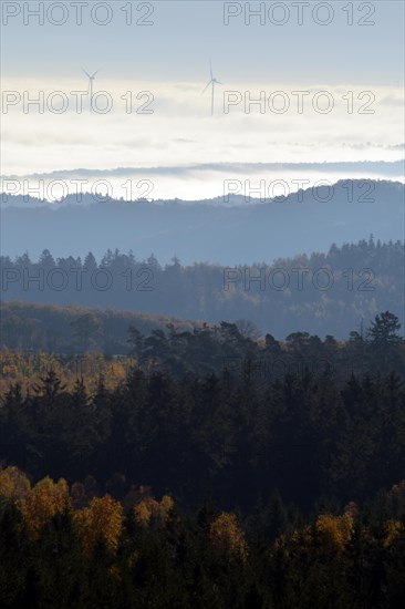 View from Moerschieder Burr mountain in the Hunsrueck-Hochwald National Park over the Naheland and North Palatinate mountains on a misty autumn morning