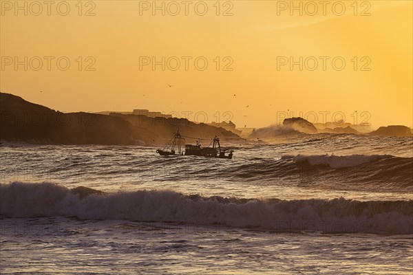 Fishing boat with seagulls between high waves
