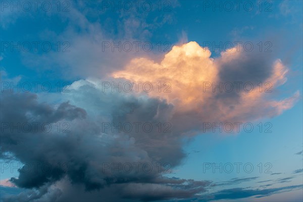 Sky of pink and orange clouds in the evening at sunset. Alsace