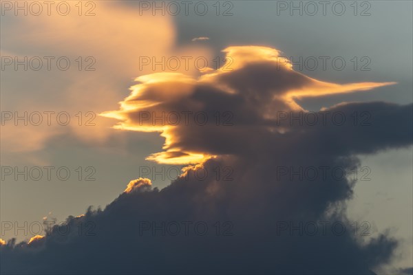 Sky of pink and orange clouds in the evening at sunset. Alsace