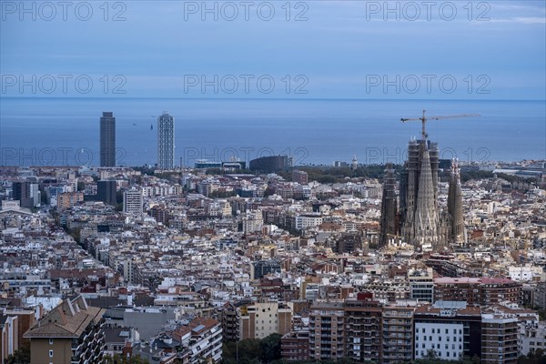 Aerial view of the Sagrada Familia basilica and the city of Barcelona