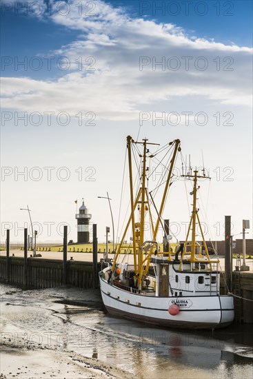 Black and white lighthouse and crab cutter