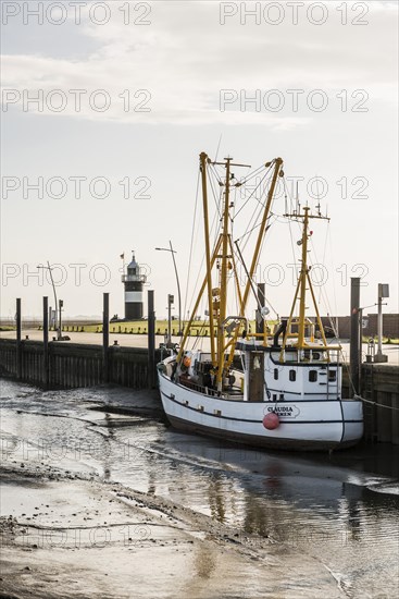 Black and white lighthouse and crab cutter