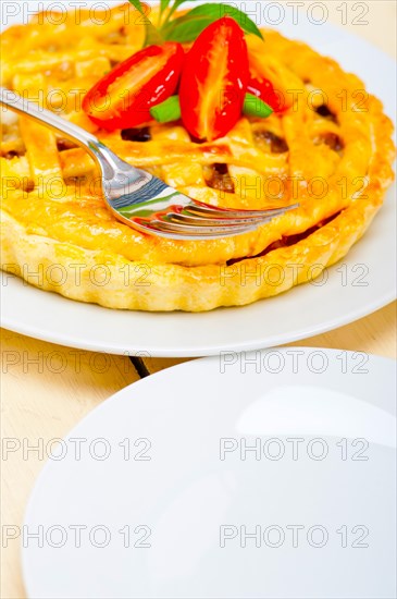 Fresh baked home made beef pie macro closeup