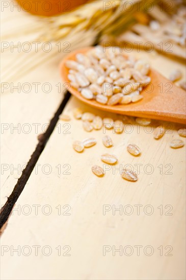 Organic barley grains over rustic wood table macro closeup