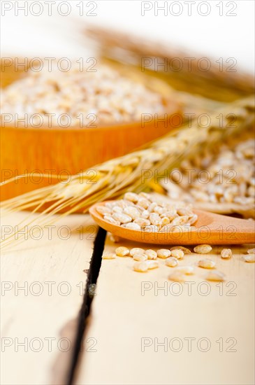 Organic wheat grains over rustic wood table macro closeup