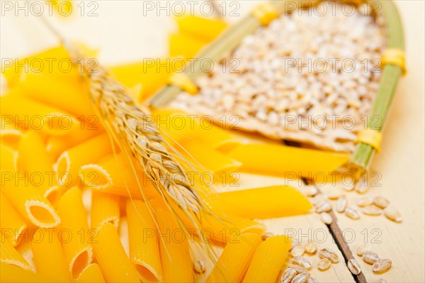 Short Italian pasta penne with durum wheat grains