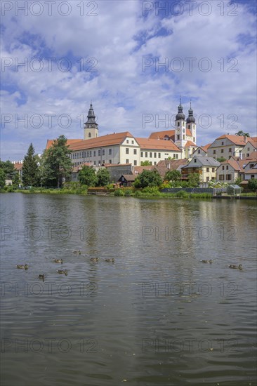 View over a pond to the old town of