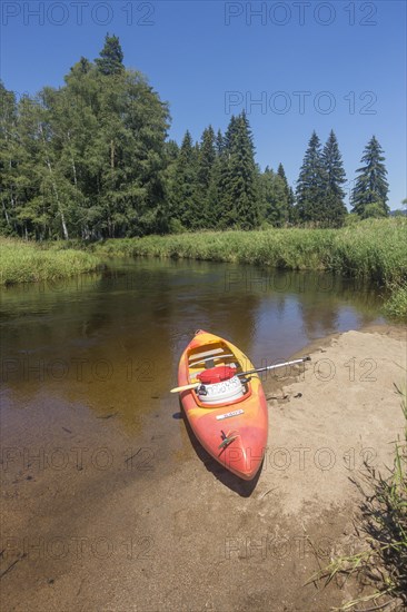 Paddle boat on a small sandy beach on the Vltava River