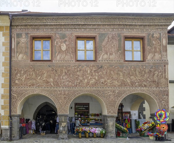 Historical buildings on the main square with warlike scenes